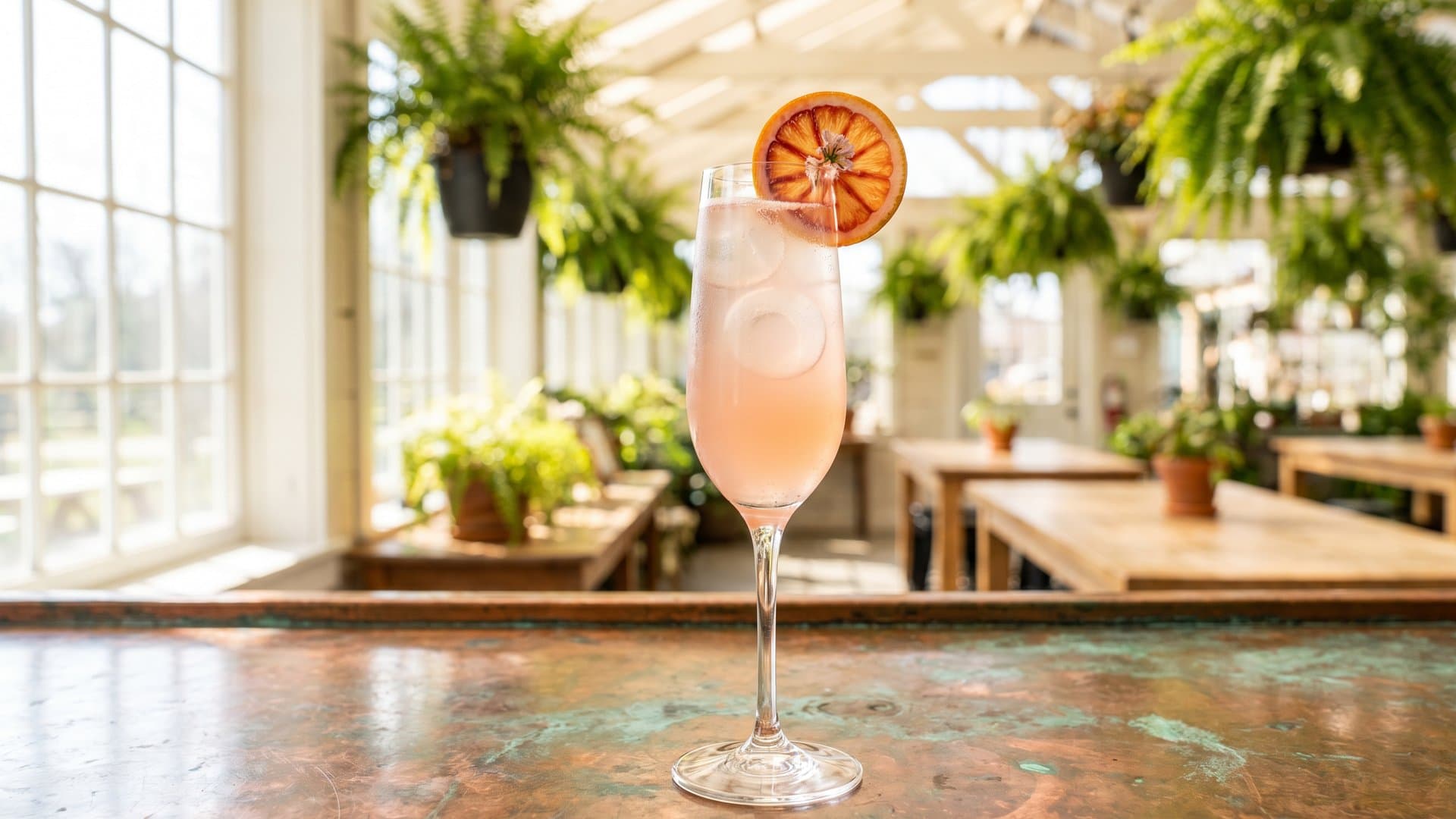 Soleil Rouge cocktail in a champagne flute garnished with Thin blood orange wheel