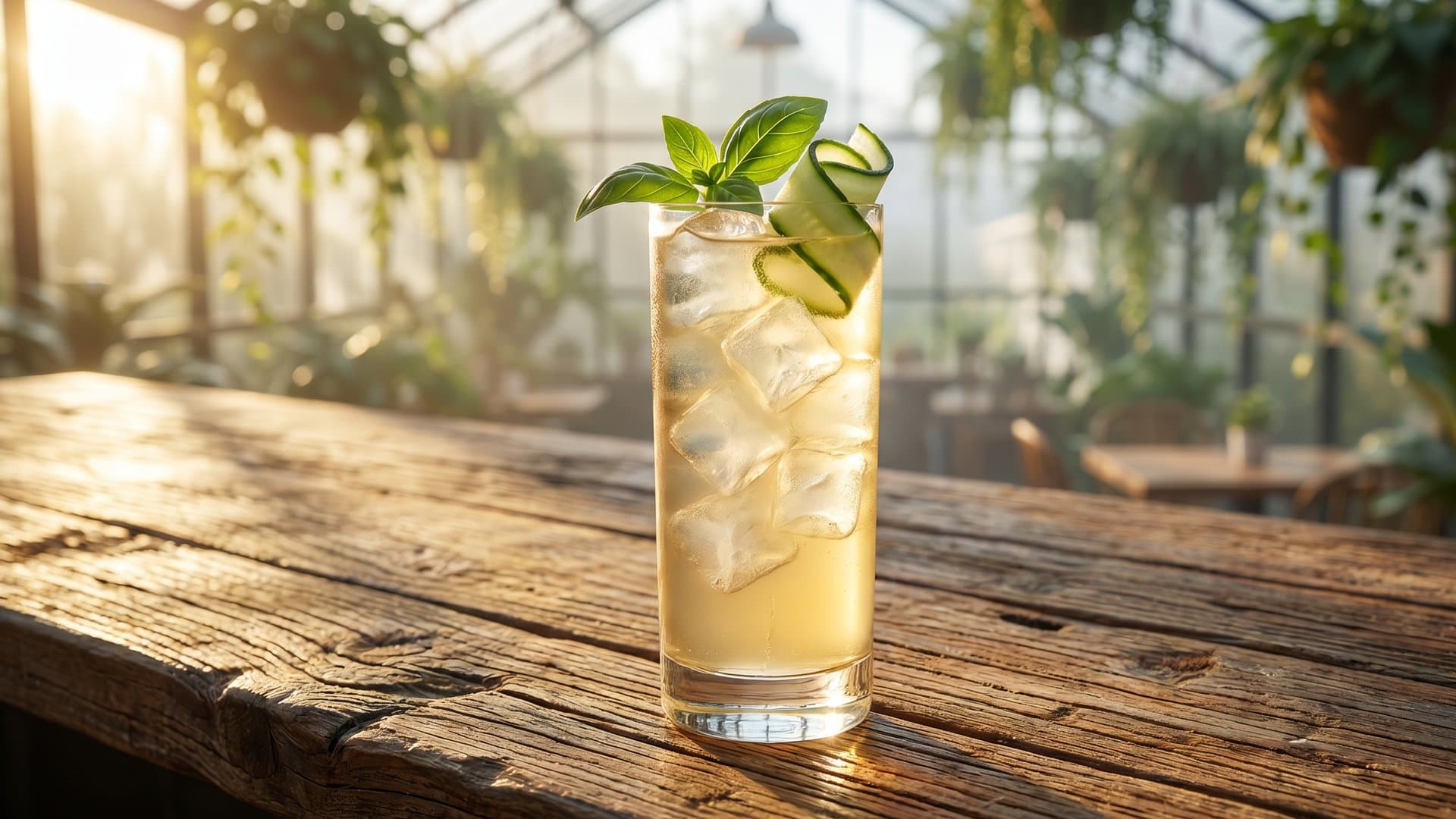 Garden Clarity cocktail in a Collins garnished with Basil sprig and thin cucumber ribbon