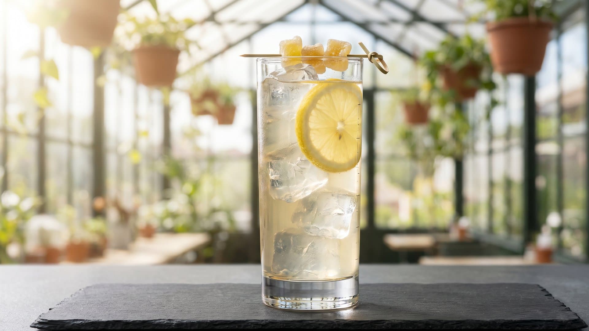 Ginger Bloom cocktail in a highball garnished with lemon wheel and candied ginger on a pick