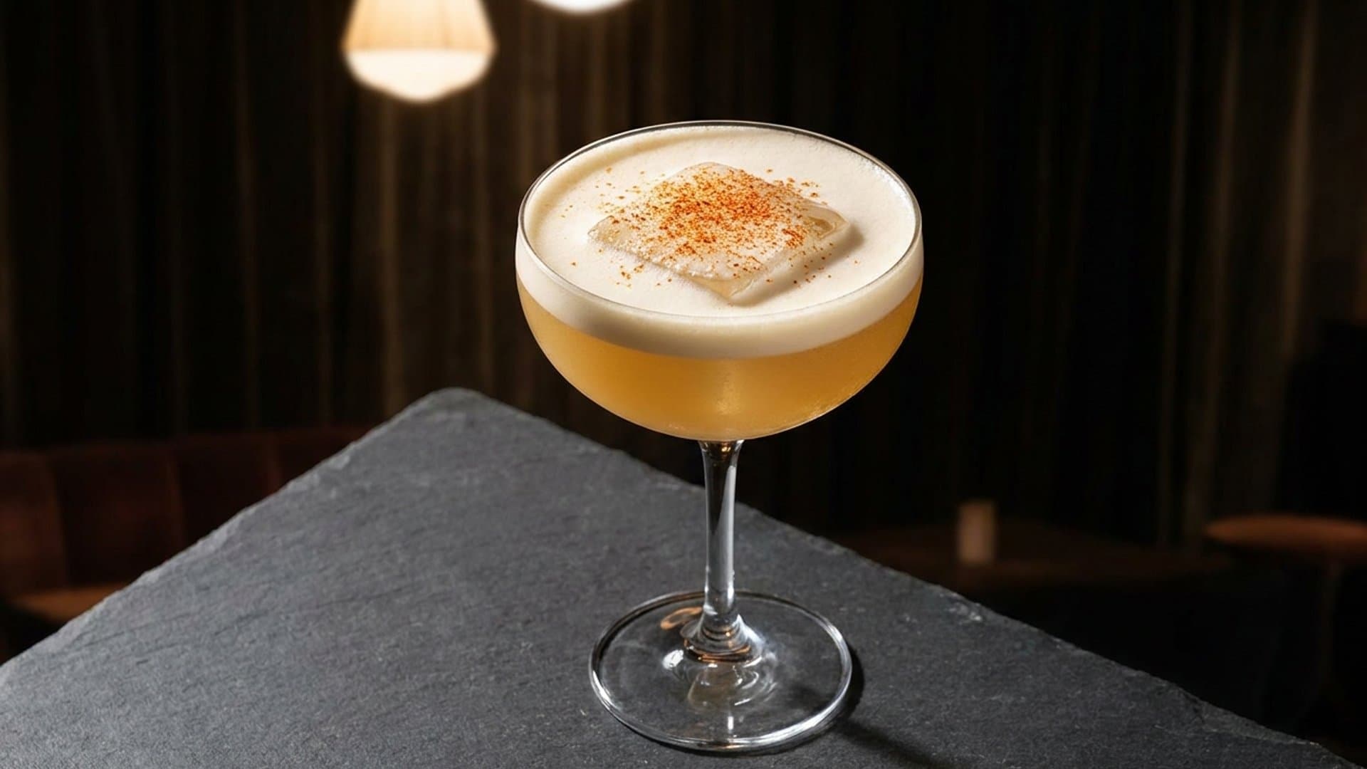 Cevichero cocktail in a coupe or rocks glass garnished with aji amarillo powder dusted on foam