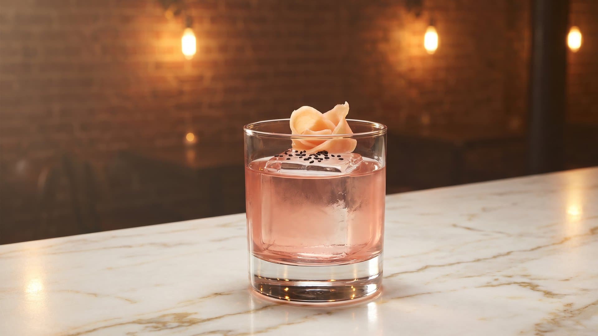 Umami Old Fashioned cocktail in a rocks garnished with Pickled ginger ribbon and black sesame seeds