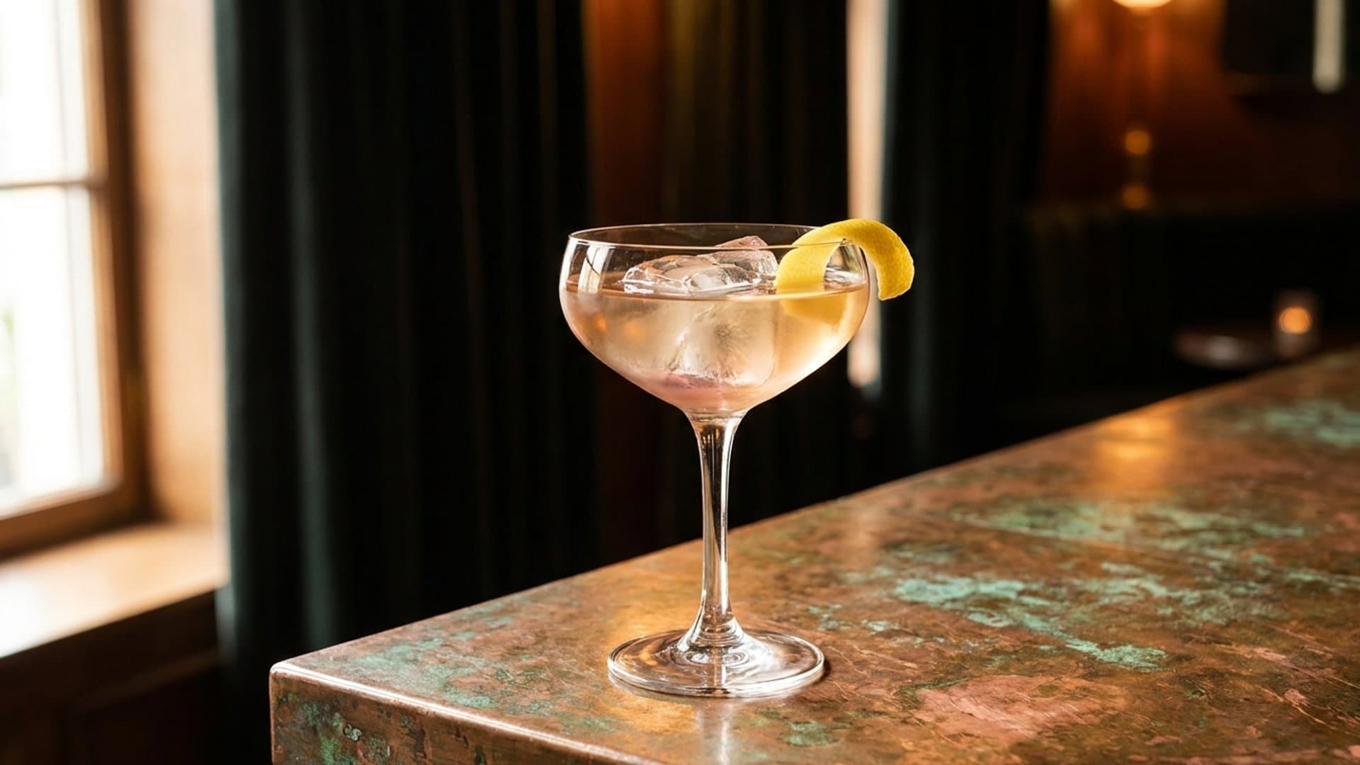The Metropolitan cocktail in a coupe garnished with Lemon peel, expressed and draped over rim
