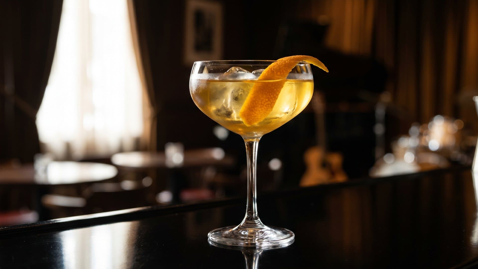 The Distinguished Father cocktail in a coupe garnished with orange peel