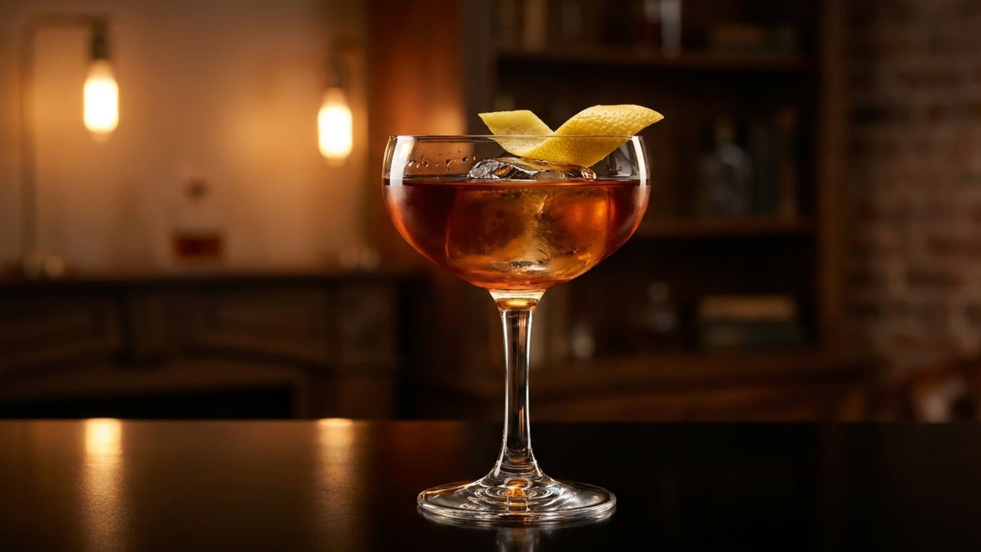 The Distinguished cocktail in a coupe garnished with expressed lemon peel