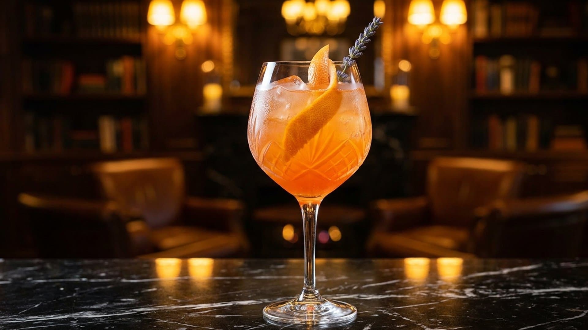 Sunset Pause Spritz cocktail in a large wine glass or highball garnished with Grapefruit peel twist and optional fresh lavender sprig