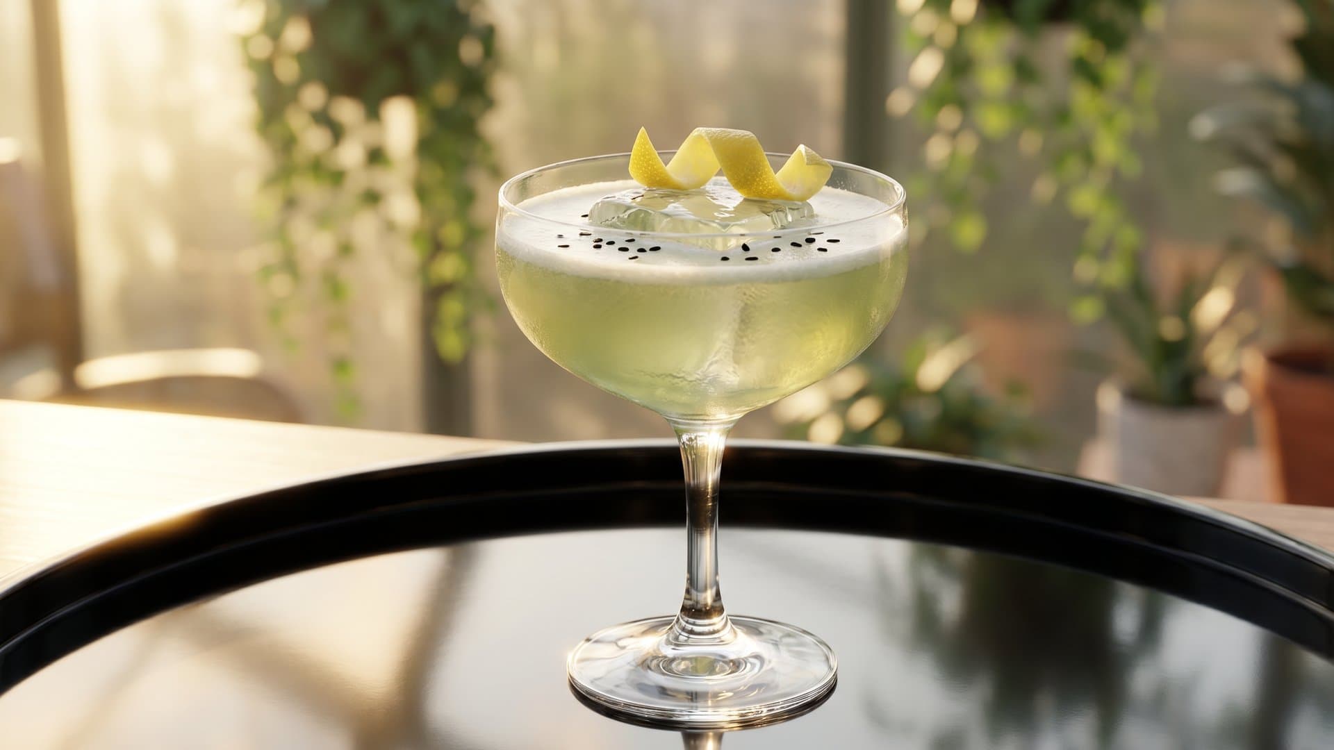 Everything Everywhere All at Once cocktail in a coupe garnished with lemon twist and black sesame seeds floated on surface