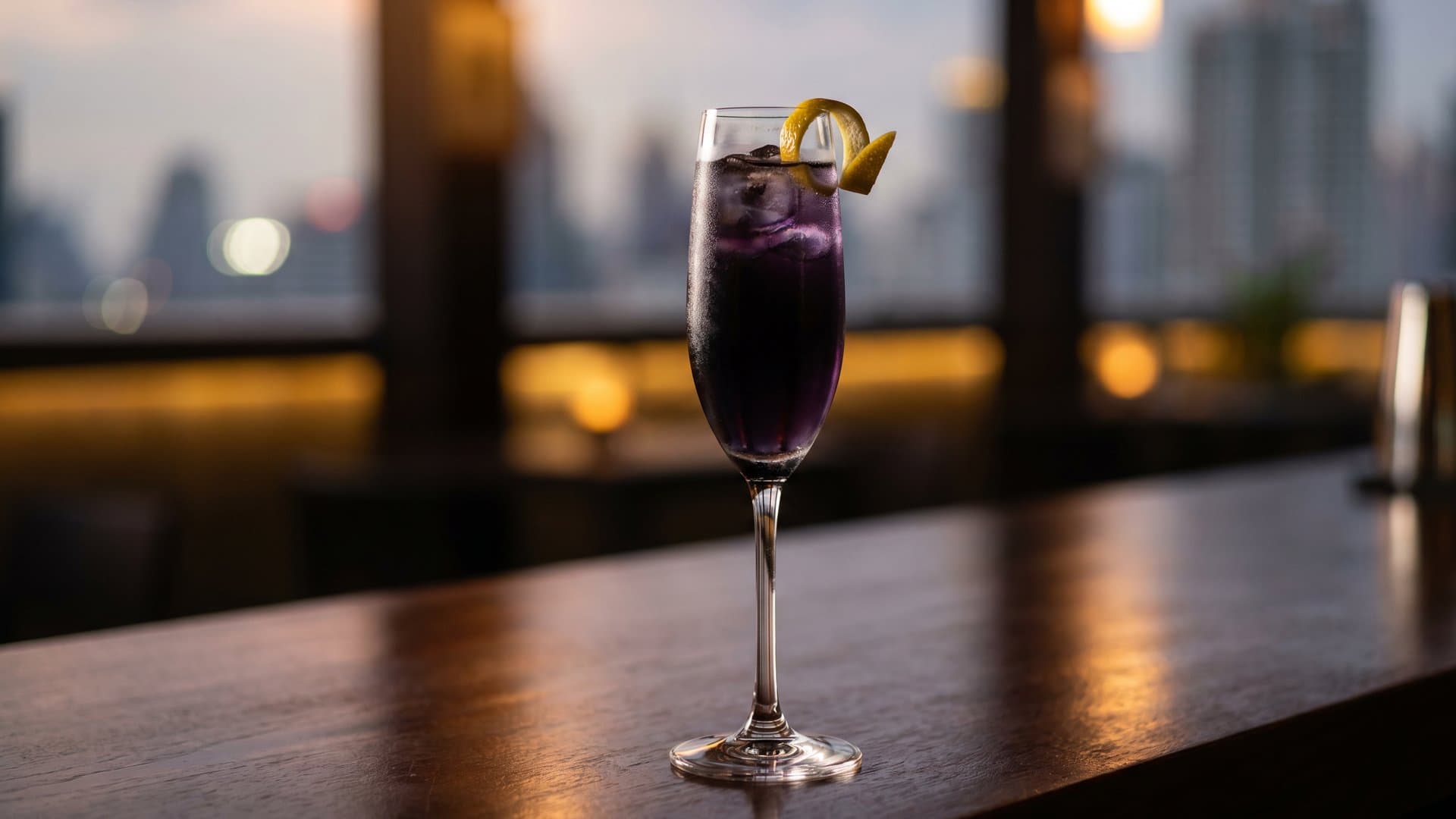 Coming of Age cocktail in a champagne flute garnished with lemon twist