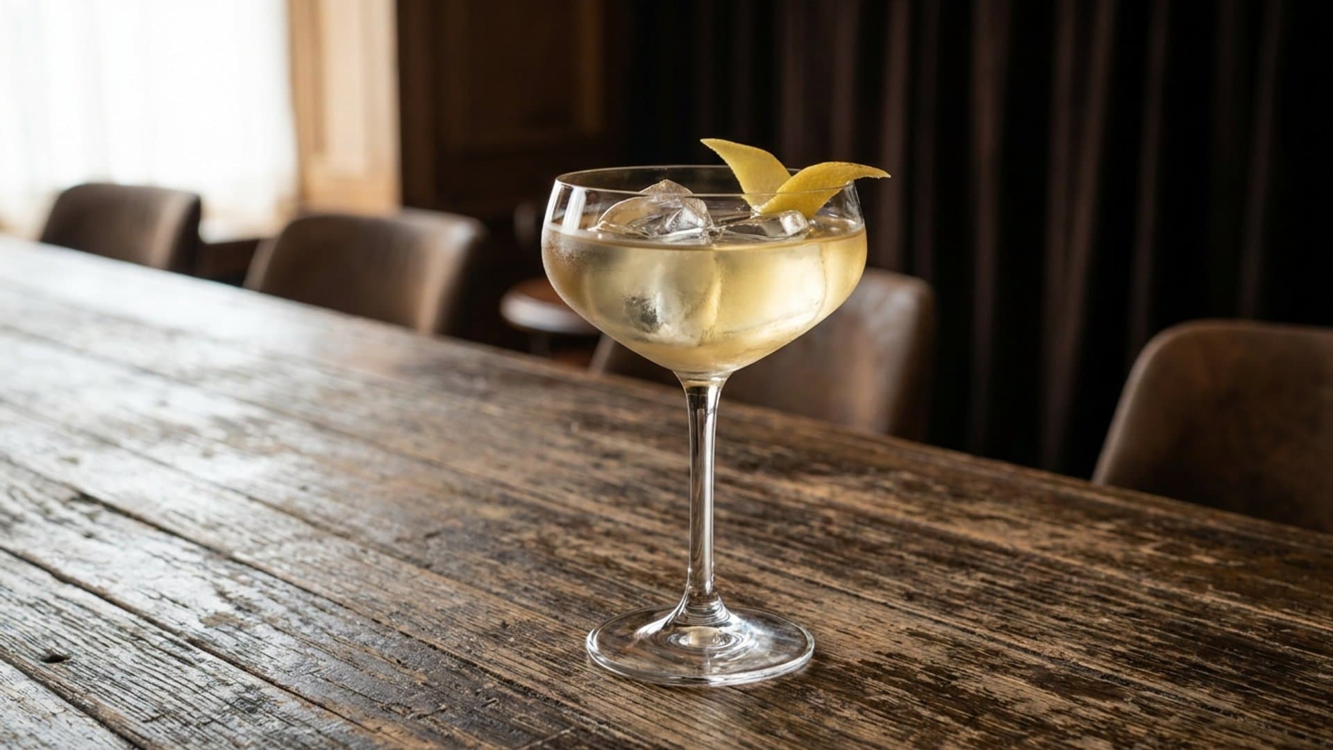 Andalusian Welcome cocktail in a coupe garnished with lemon peel twist