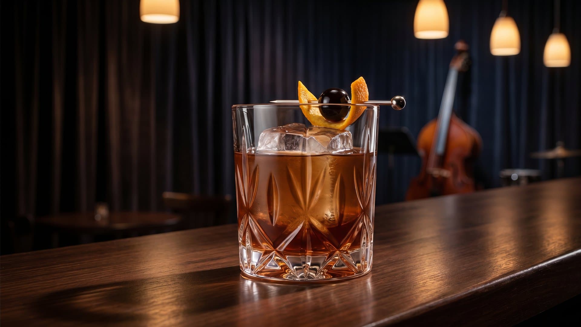 Black Walnut Manhattan cocktail in a coupe or rocks garnished with Luxardo cherry and expressed orange peel