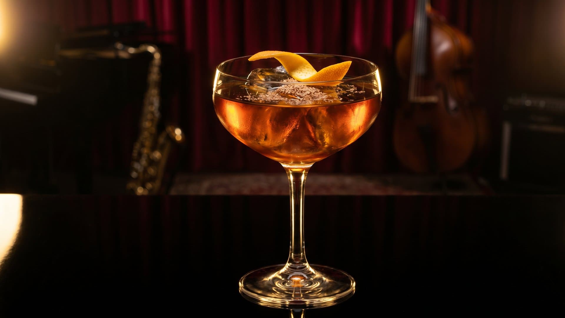 Velvet Repose cocktail in a coupe garnished with Orange peel (expressed and discarded) and freshly grated nutmeg