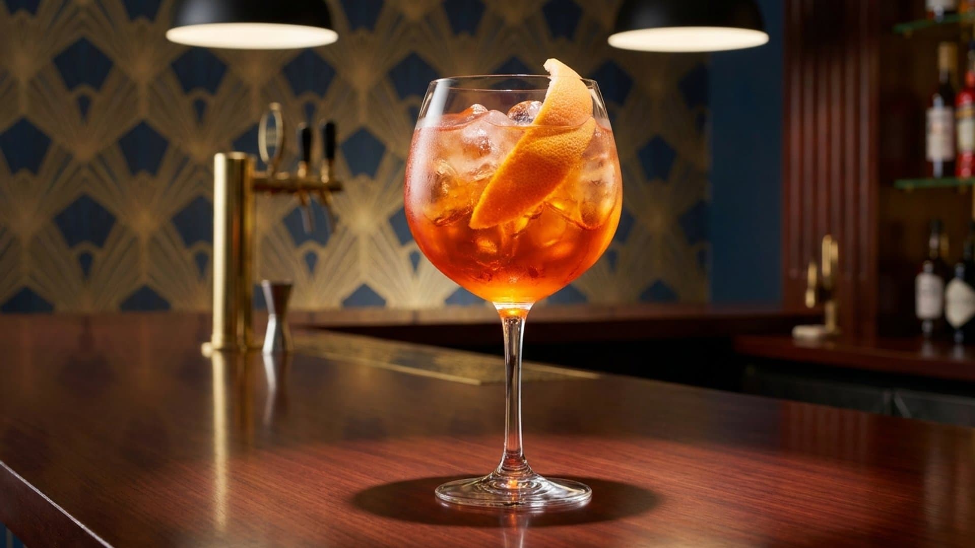 Sunset Spritz cocktail in a large wine glass garnished with grapefruit peel twist
