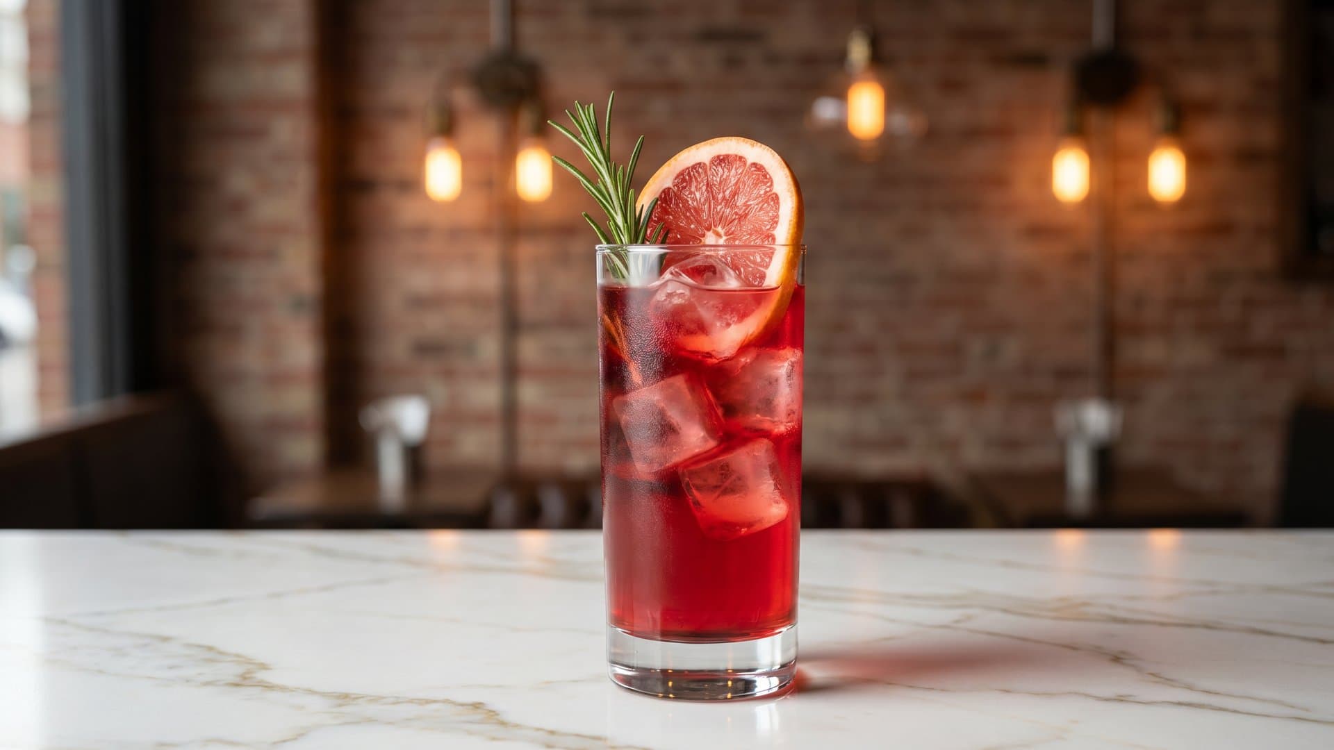 Crimson Twilight cocktail in a highball garnished with grapefruit wheel and rosemary sprig