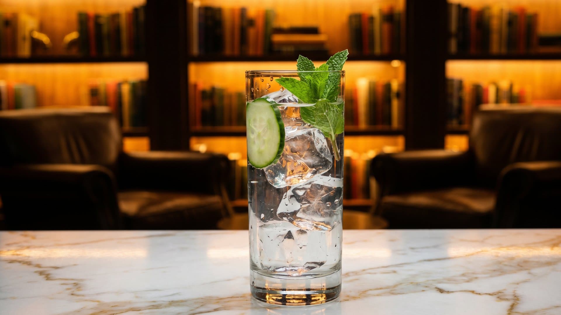 Garden Cooler cocktail in a highball garnished with cucumber wheel and fresh mint sprig