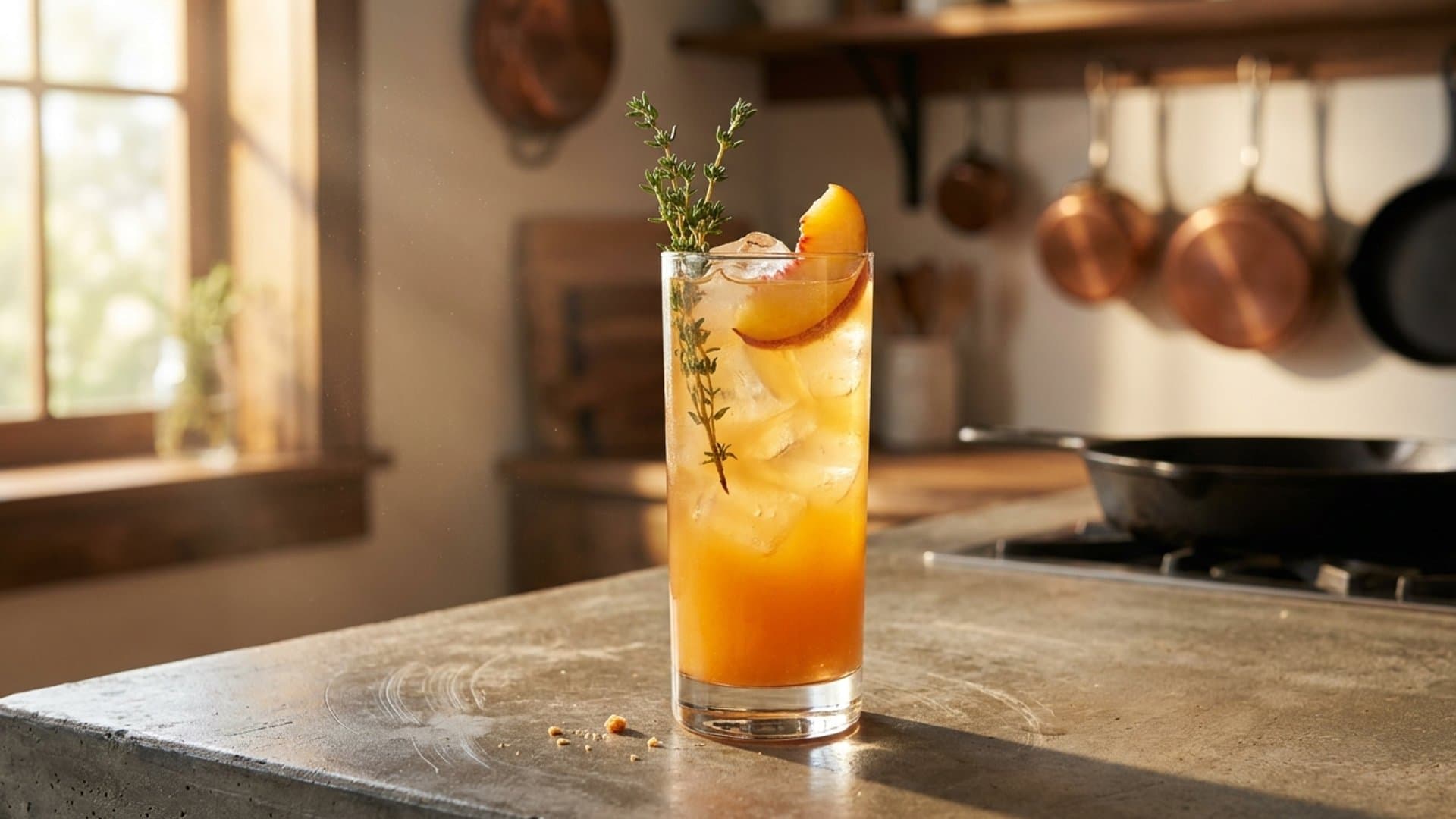 Orchard Sunset cocktail in a highball garnished with Fresh thyme sprig and peach slice