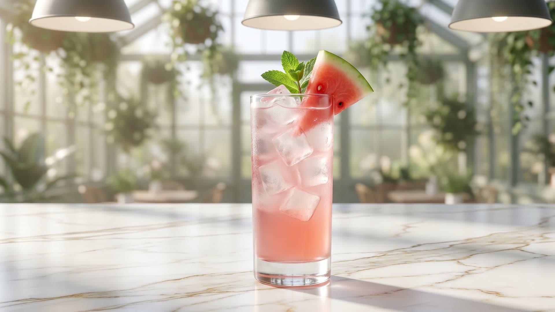 Stars & Stripes Cooler cocktail in a Collins garnished with watermelon wedge and mint sprig