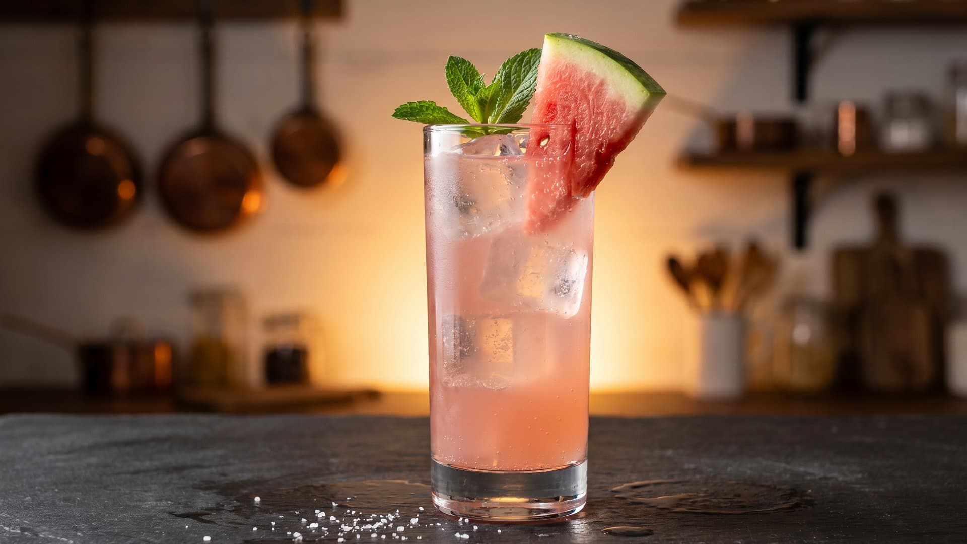 Star-Spangled Cooler cocktail in a Collins garnished with Fresh watermelon wedge and mint sprig