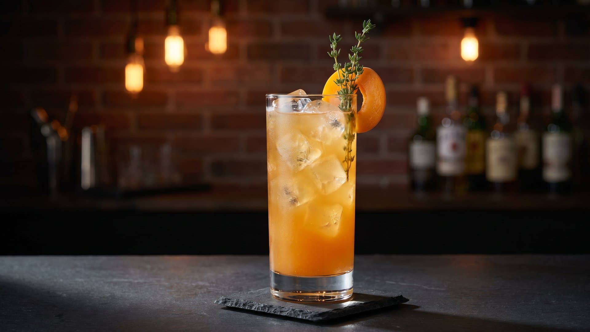 Sunset Orchard cocktail in a Collins garnished with Fresh thyme sprig and apricot wheel
