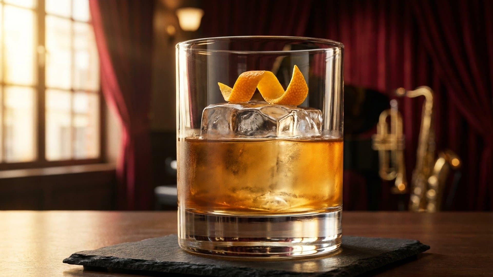 Smoked Maple Old Fashioned cocktail in a rocks garnished with orange peel