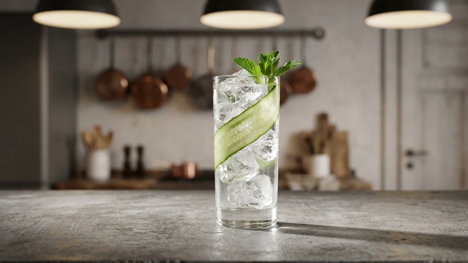 Garden Frost cocktail in a highball garnished with cucumber ribbon and mint sprig