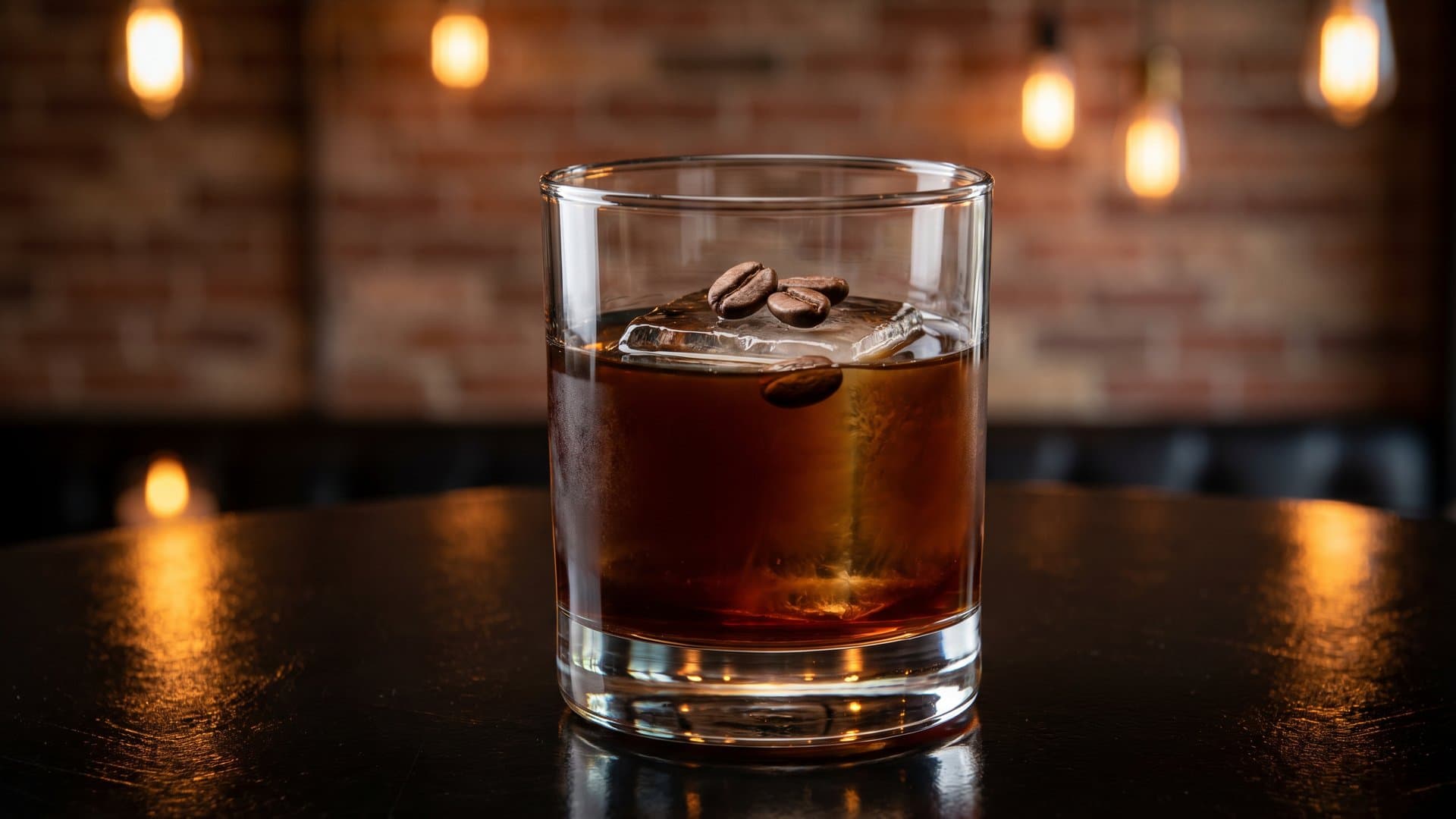 The Midnight Sun cocktail in a rocks garnished with 3 coffee beans
