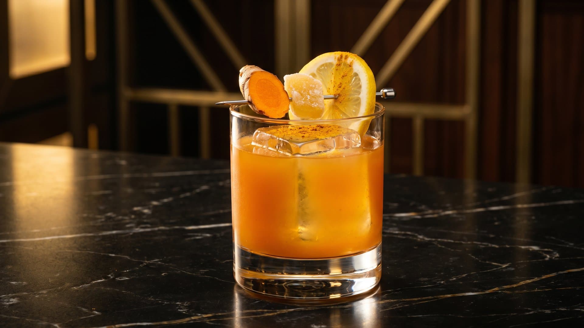 Golden Remedy cocktail in a rocks garnished with Turmeric root slice and candied ginger on pick, lemon wheel, light dusting of turmeric powder