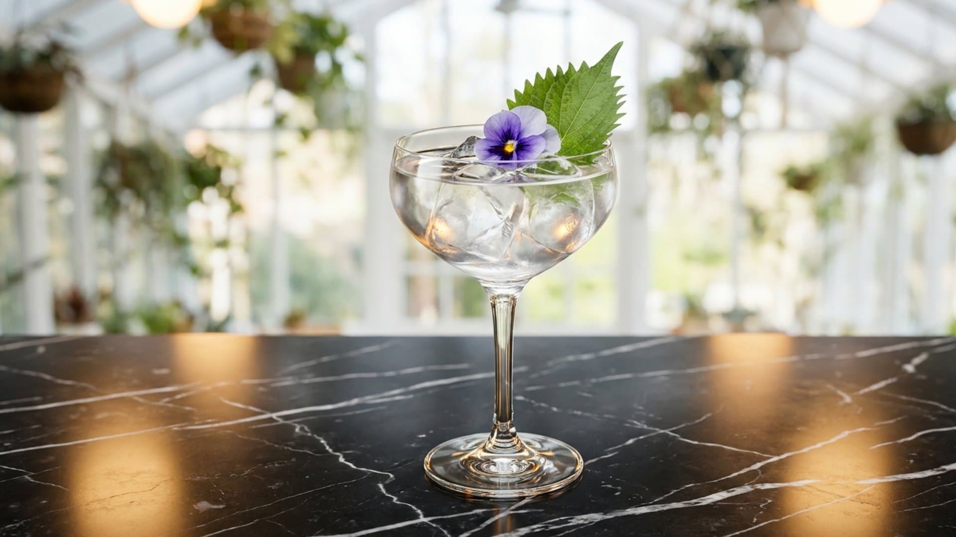 The Pressure Point cocktail in a coupe garnished with edible flower or shiso leaf