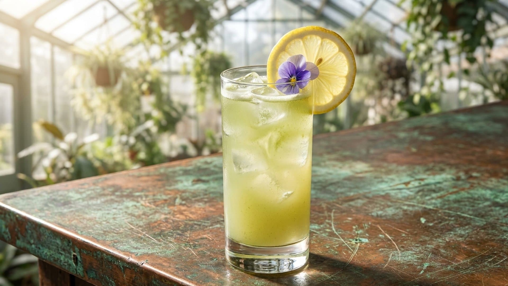 Zen Garden Spritz cocktail in a highball garnished with lemon wheel and edible flower