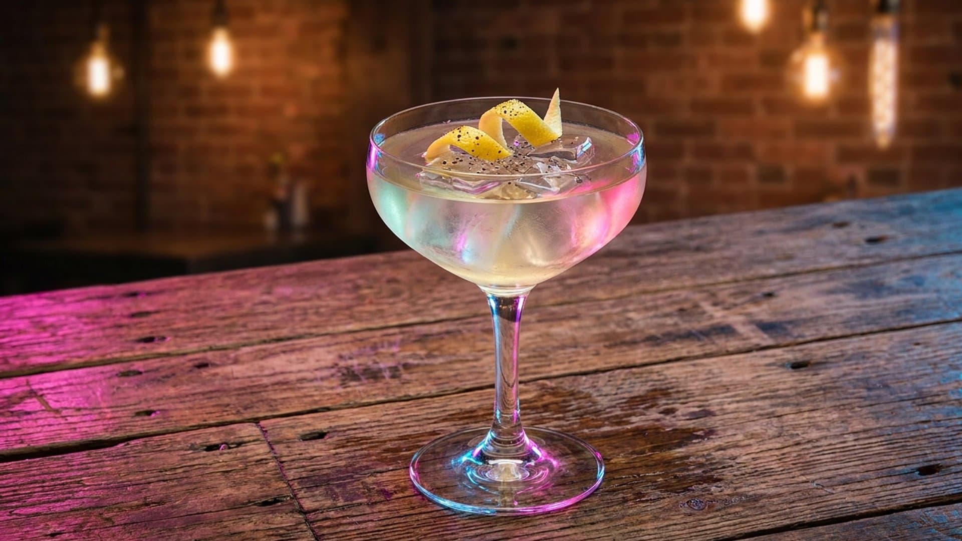 Cacio e Pepe Martini cocktail in a coupe garnished with lemon twist and freshly cracked black pepper