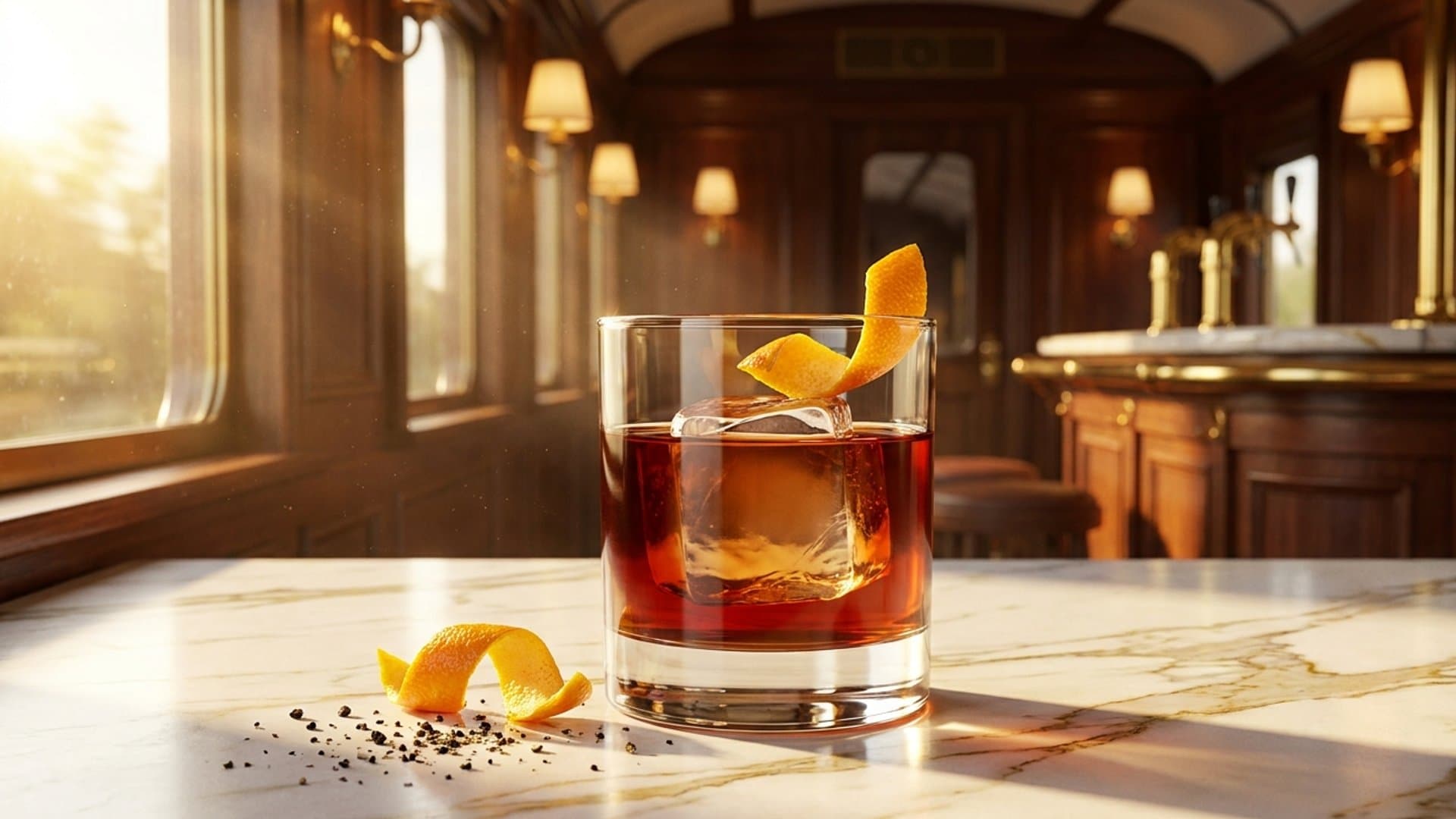 The Salumiere cocktail in a rocks garnished with Orange peel expressed and discarded, fresh black pepper cracked over top