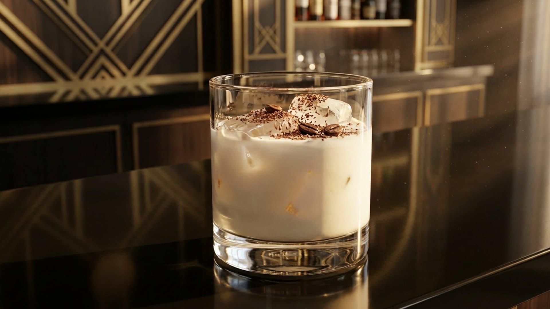 Midnight Booth cocktail in a rocks garnished with grated dark chocolate or coffee beans