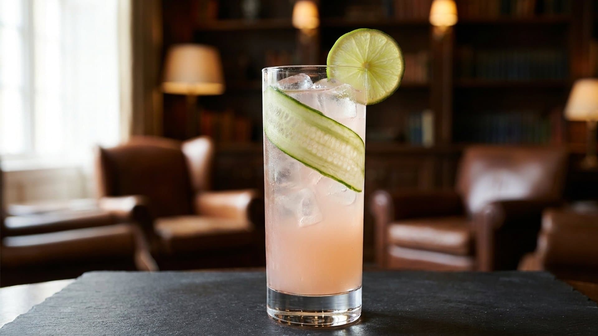 Garden Mist Cooler cocktail in a highball garnished with Cucumber ribbon and lime wheel