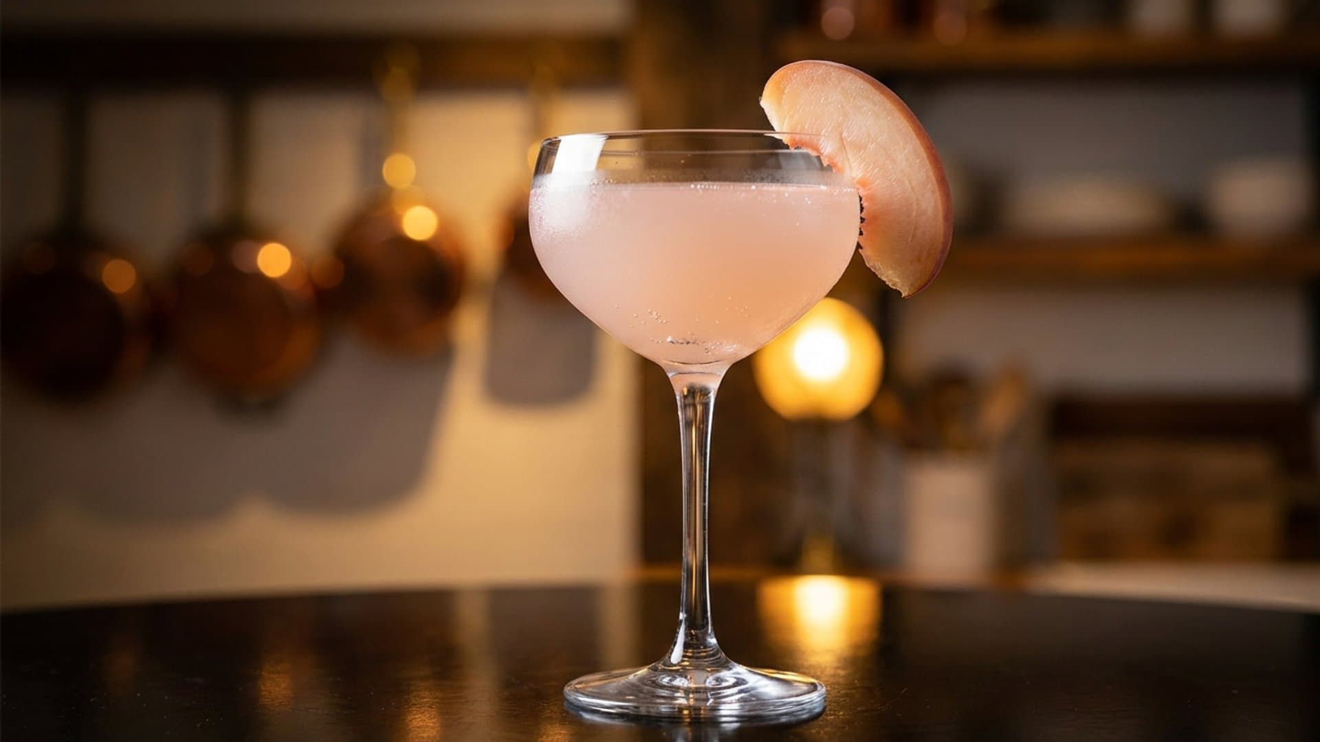 Bourbon Peach Royale cocktail in a champagne flute or coupe garnished with thin peach slice on rim