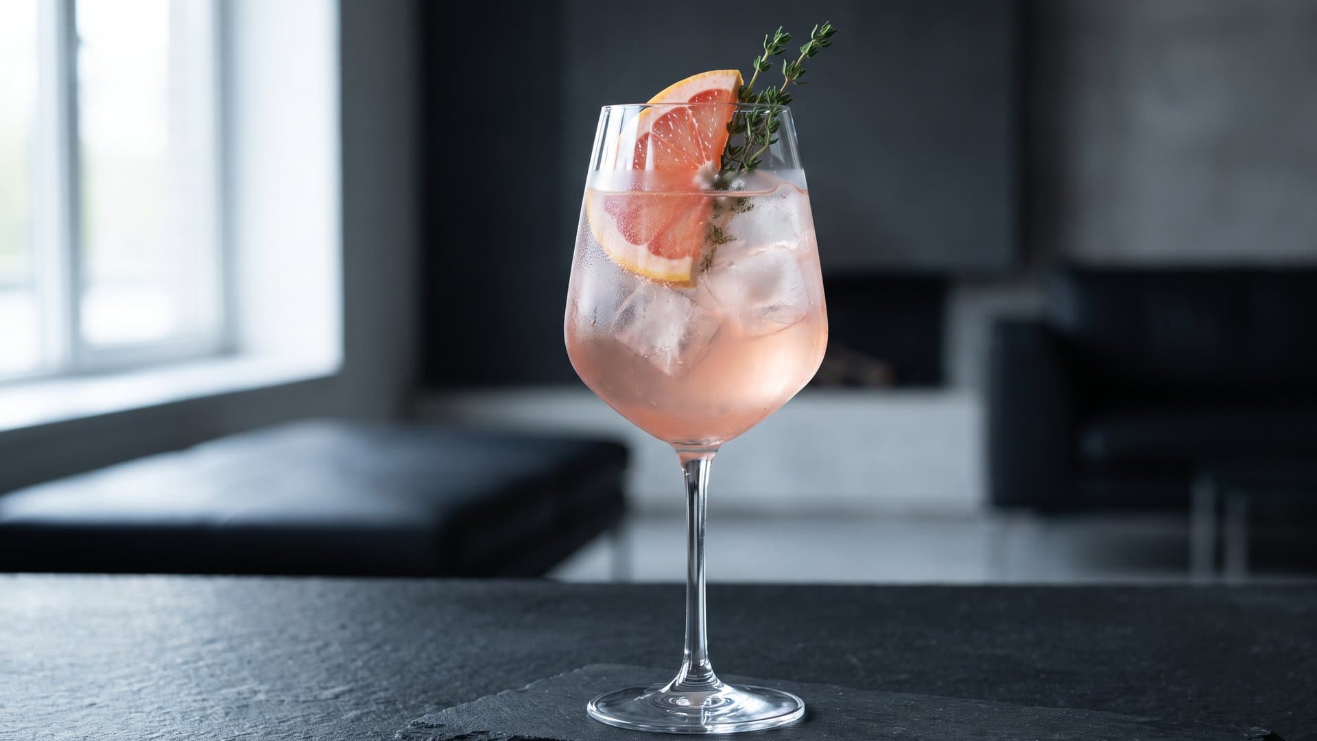 Rhubarb Sunset cocktail in a large wine glass garnished with thin slice of pink grapefruit and fresh thyme sprig