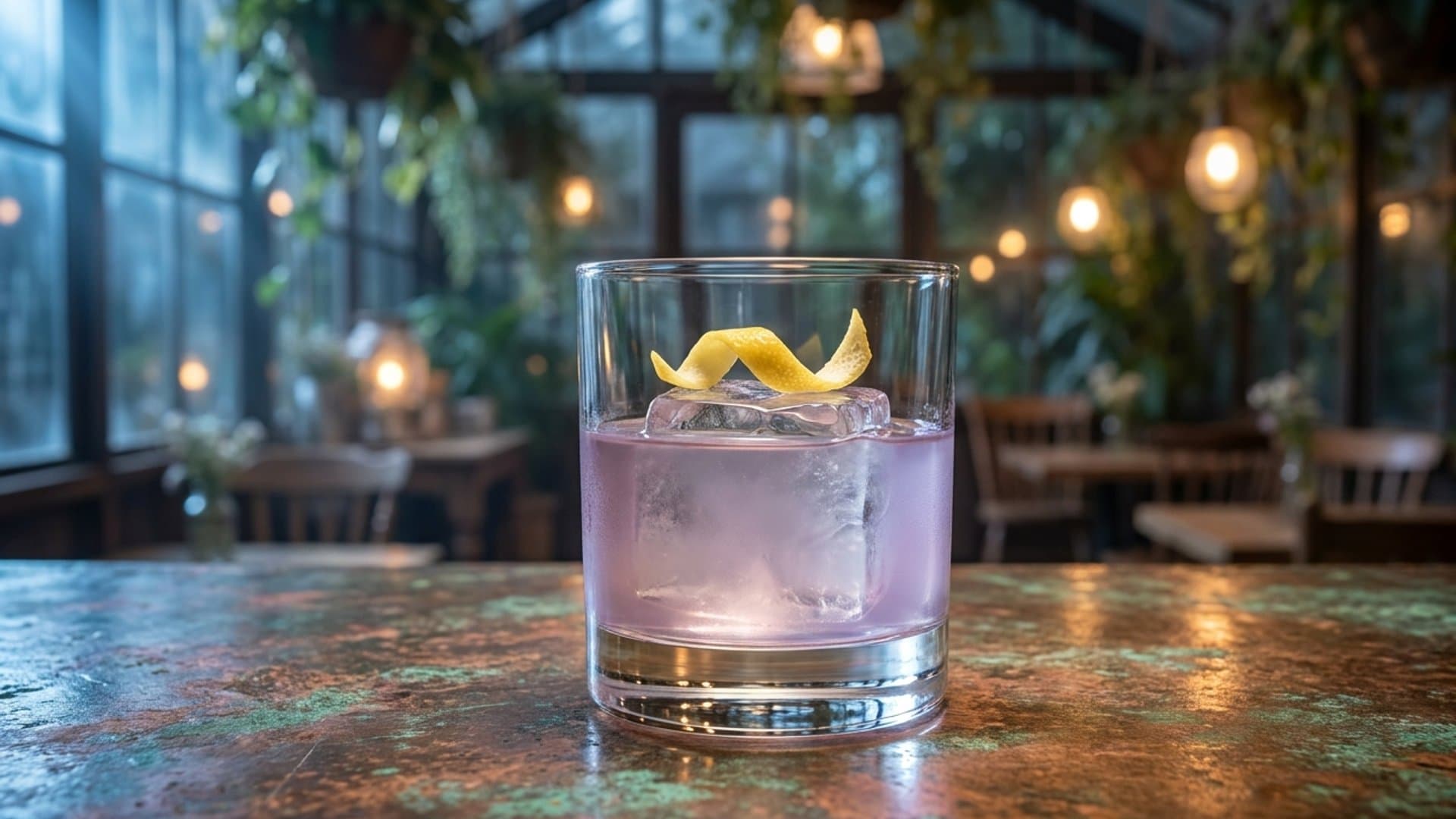 Twilight Remedy cocktail in a rocks garnished with lemon peel, expressed and rested on ice