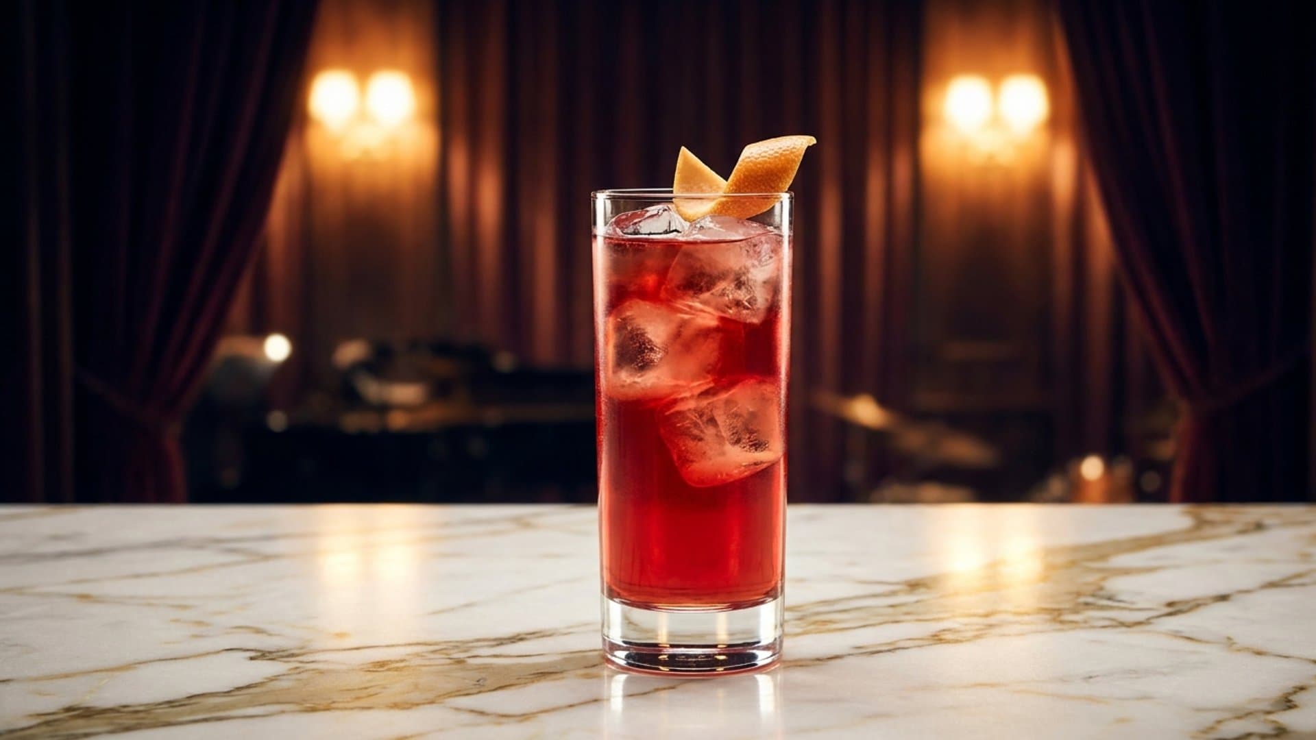 Crimson Horizon cocktail in a highball garnished with grapefruit peel twist