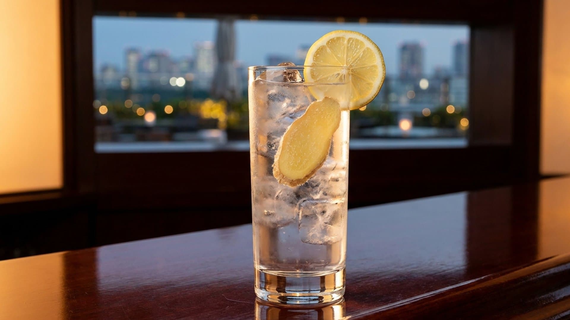 Golden Hour Reviver cocktail in a highball garnished with Candied ginger slice and lemon wheel