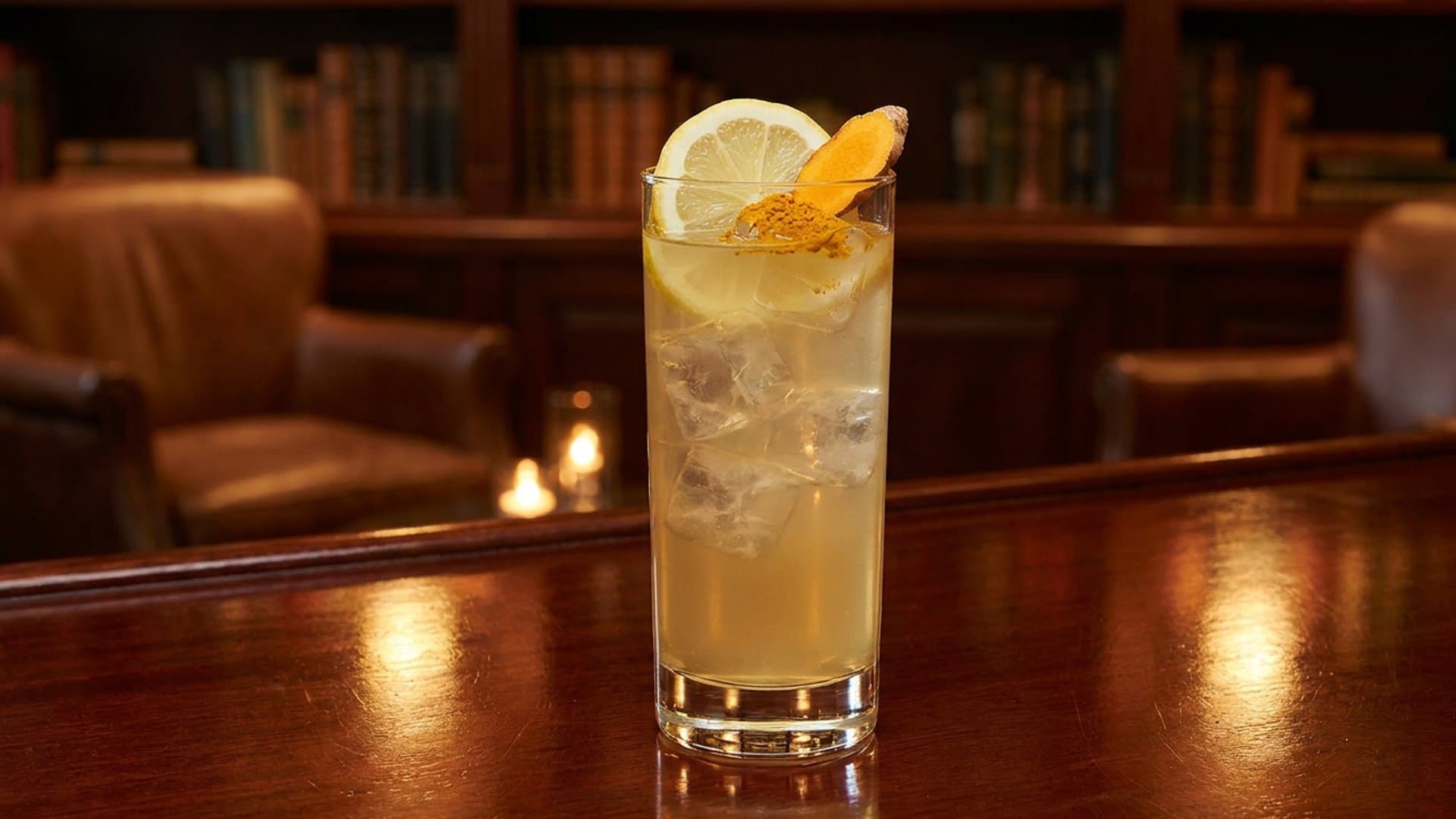 Golden Hour Tonic cocktail in a Collins garnished with lemon wheel, fresh turmeric slice, light dusting of ground turmeric