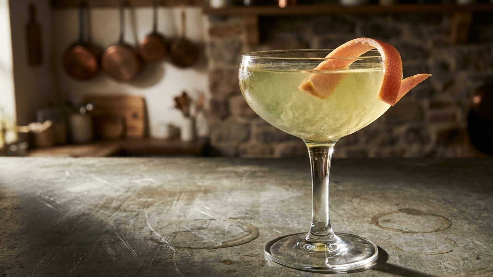 Gentiane Royale cocktail in a coupe garnished with Grapefruit peel twist