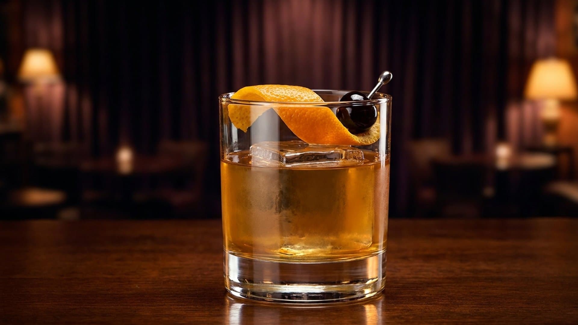 Midnight Manhattan Bridge cocktail in a rocks garnished with Orange peel expression and luxardo cherry
