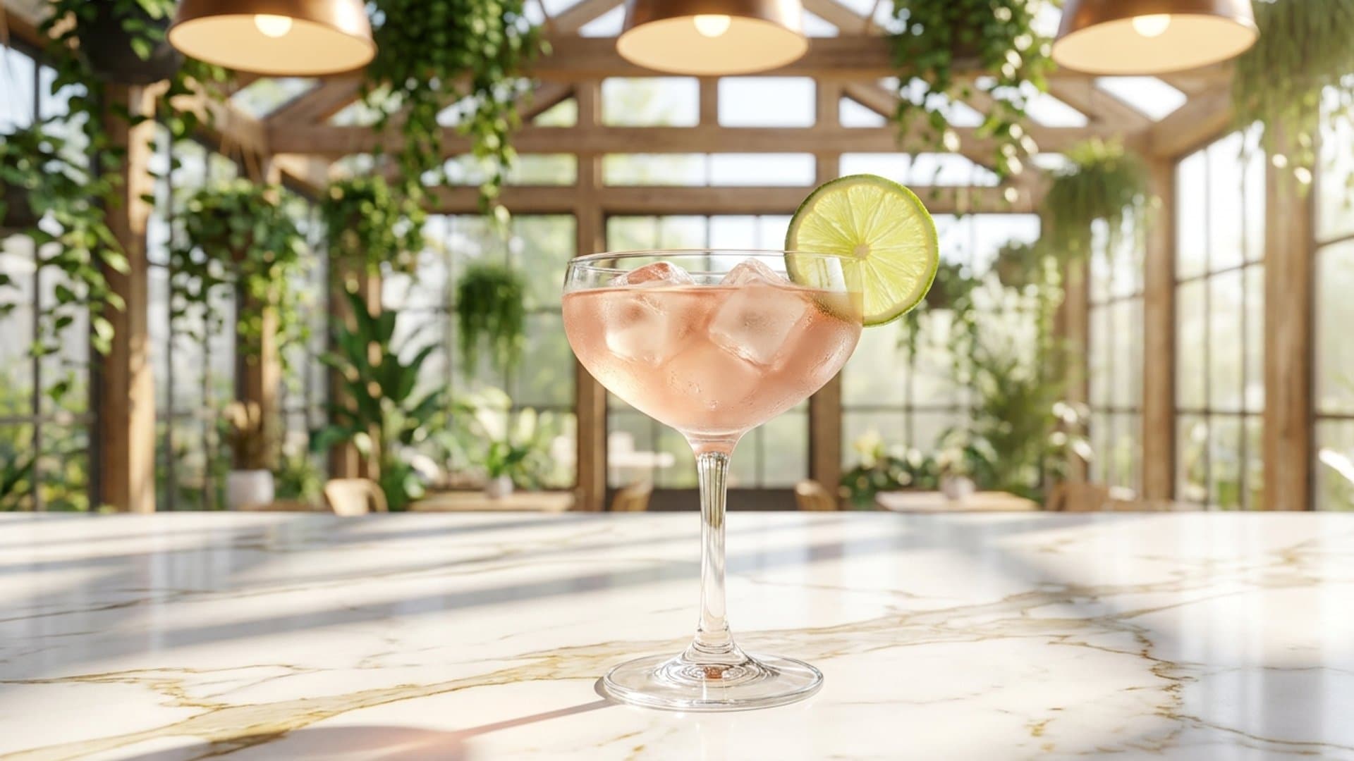 La Paloma Blanca cocktail in a coupe garnished with Lime wheel
