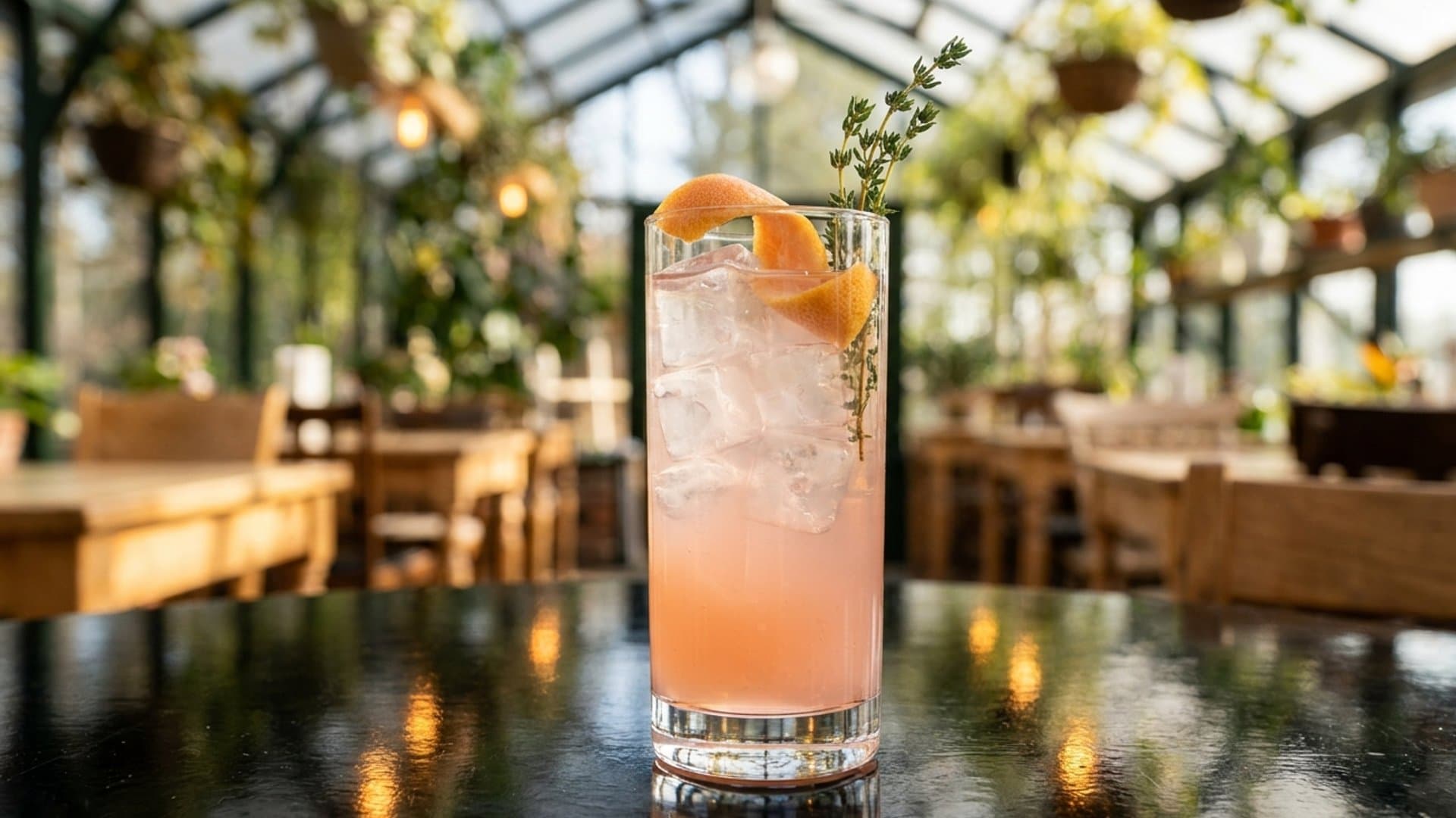 Bitter Garden cocktail in a highball garnished with Grapefruit peel twist and fresh thyme sprig
