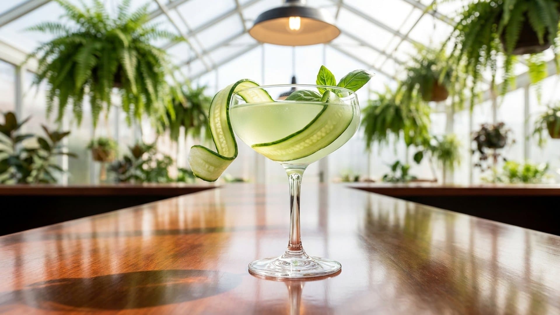 Garden Clarity cocktail in a coupe garnished with cucumber ribbon and small basil leaf
