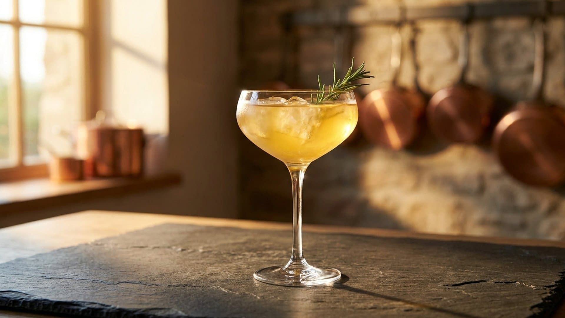 Garden of Hesperides cocktail in a coupe garnished with Small fresh rosemary sprig (clap between hands to release aromatics)