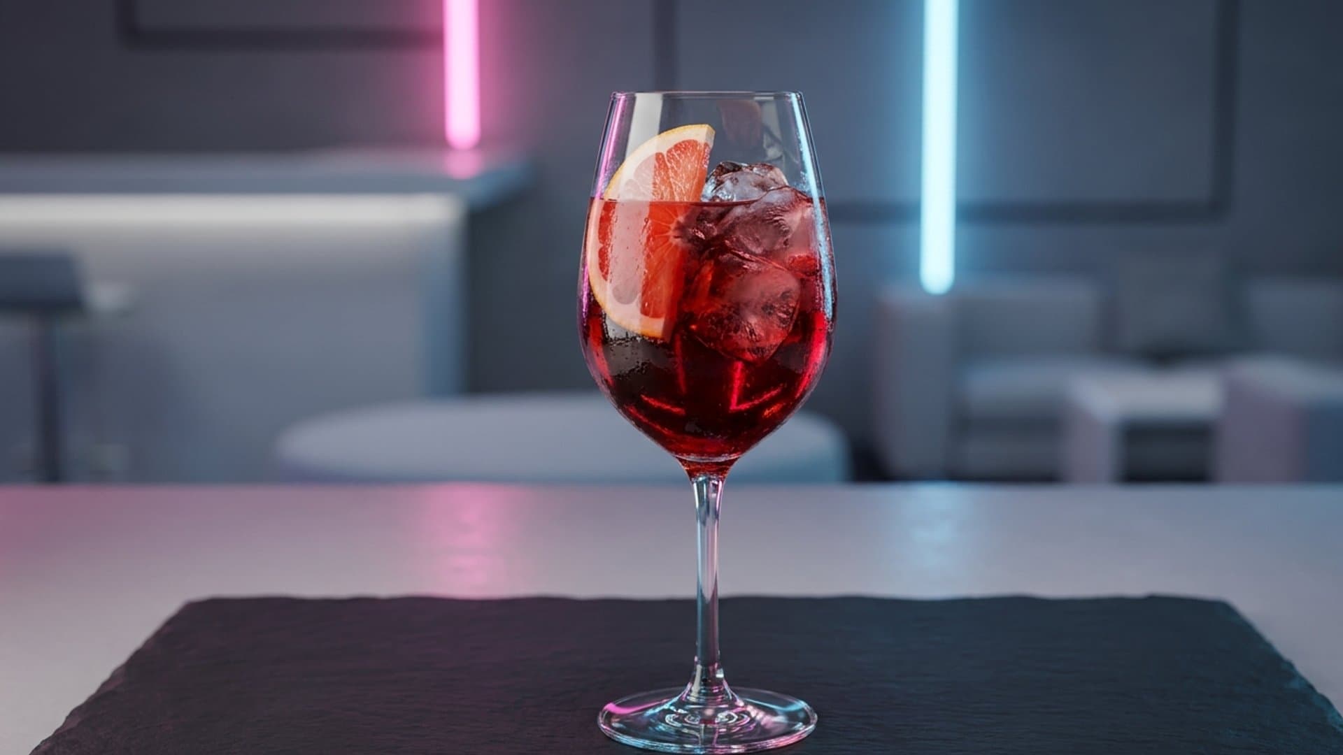 Tramonto Spritz cocktail in a wine glass garnished with fresh grapefruit wheel