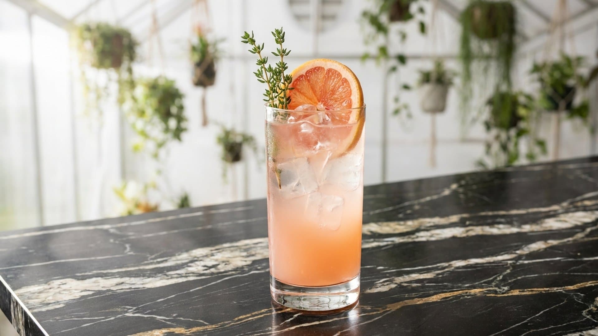 Grove Sunrise Tonic cocktail in a highball garnished with grapefruit wheel and fresh thyme sprig