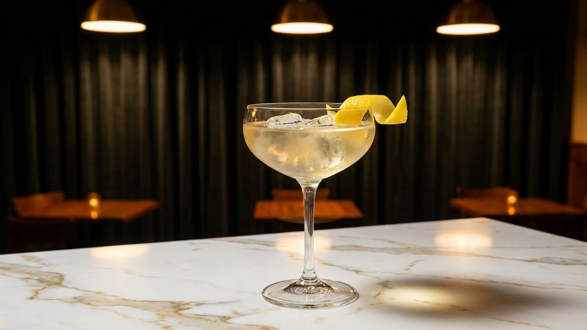 The Bootlegger's Handshake cocktail in a coupe garnished with lemon peel (expressed and discarded)