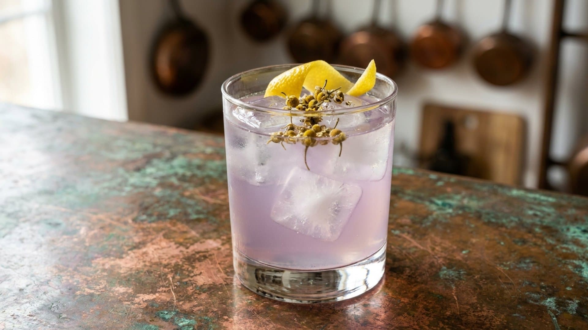 Evening Repose cocktail in a rocks garnished with lemon peel, optionally with dried chamomile flowers