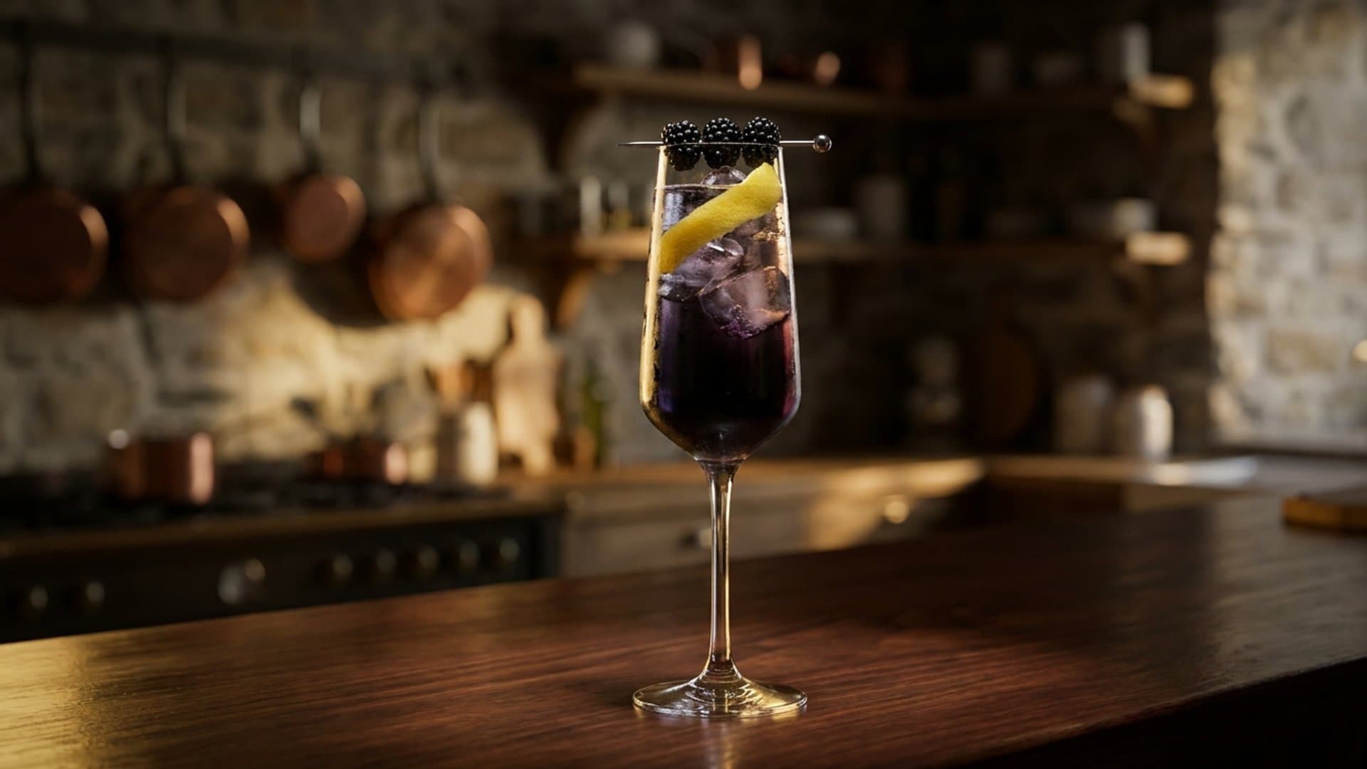 Twenty-One Royale cocktail in a champagne flute garnished with lemon twist and fresh blackberries on a cocktail pick
