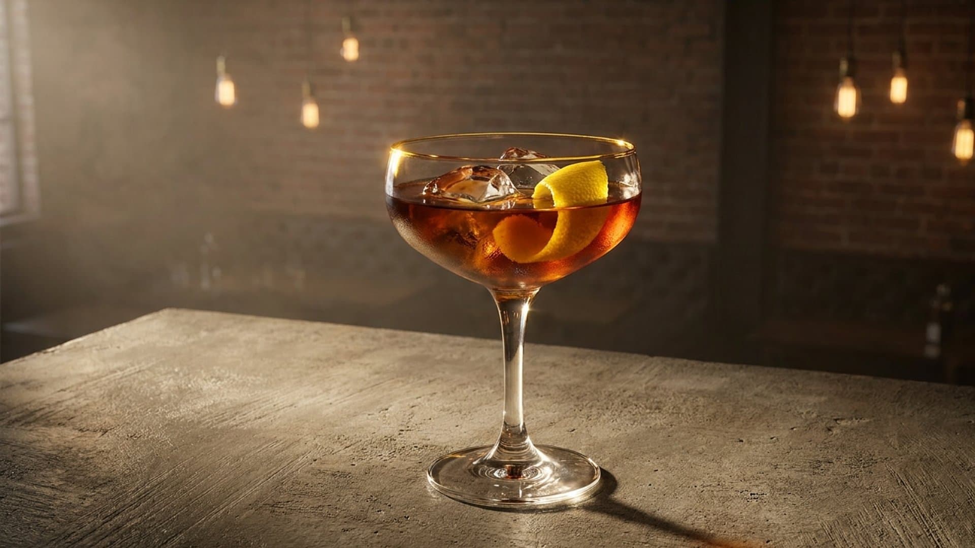 The Whodunit cocktail in a coupe garnished with lemon twist