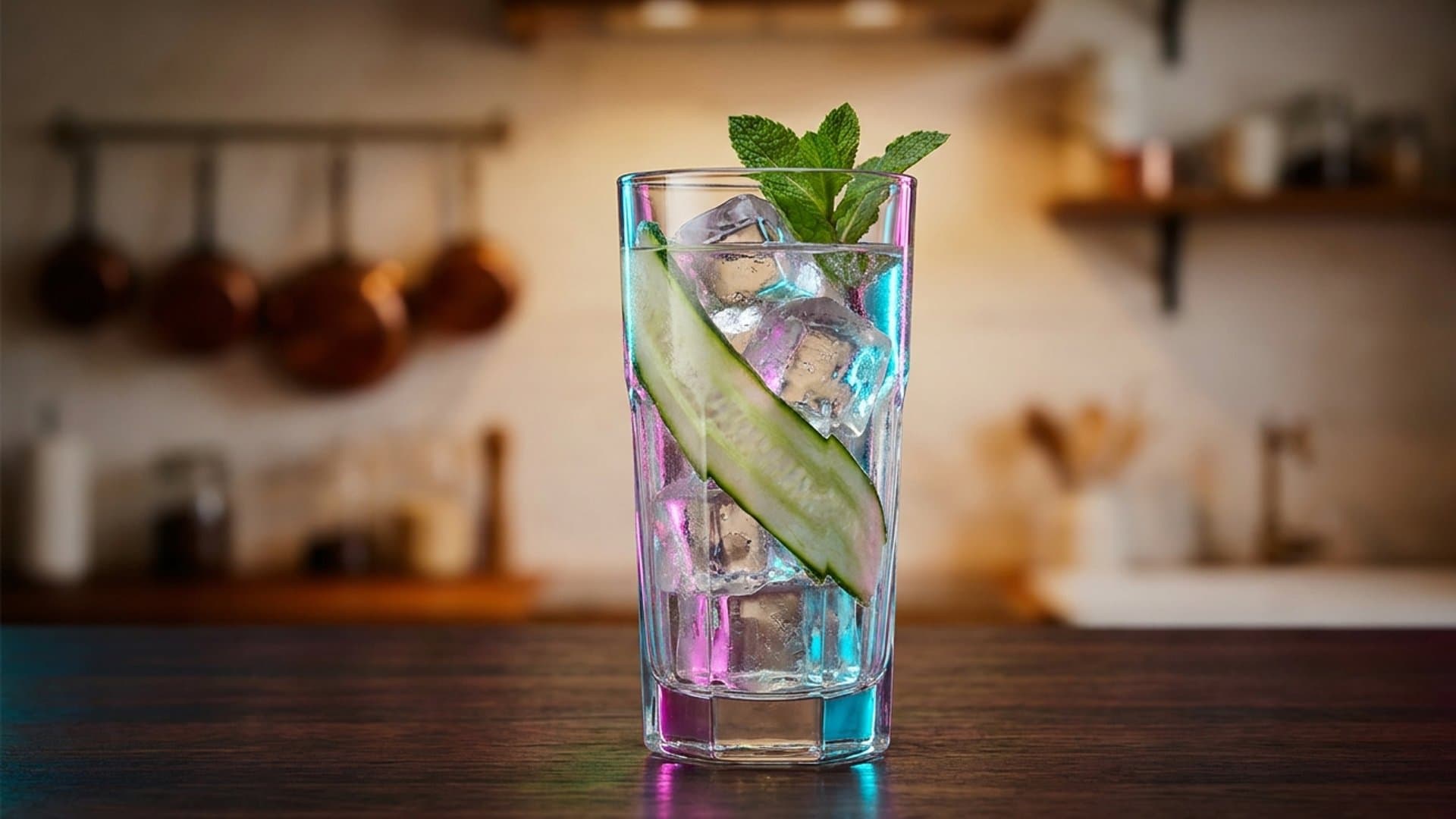 Garden Cooler cocktail in a highball garnished with cucumber ribbon and fresh mint sprig